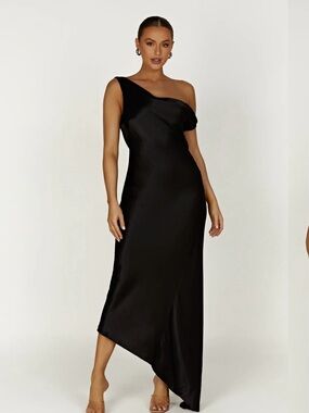 Meshki Yvette Satin Slip Maxi Dress With Asymmetrical Hem Black NWT